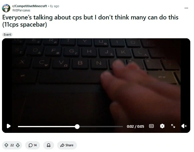 Person rapidly tapping a keyboard spacebar during a click-speed challenge on a laptop keyboard
