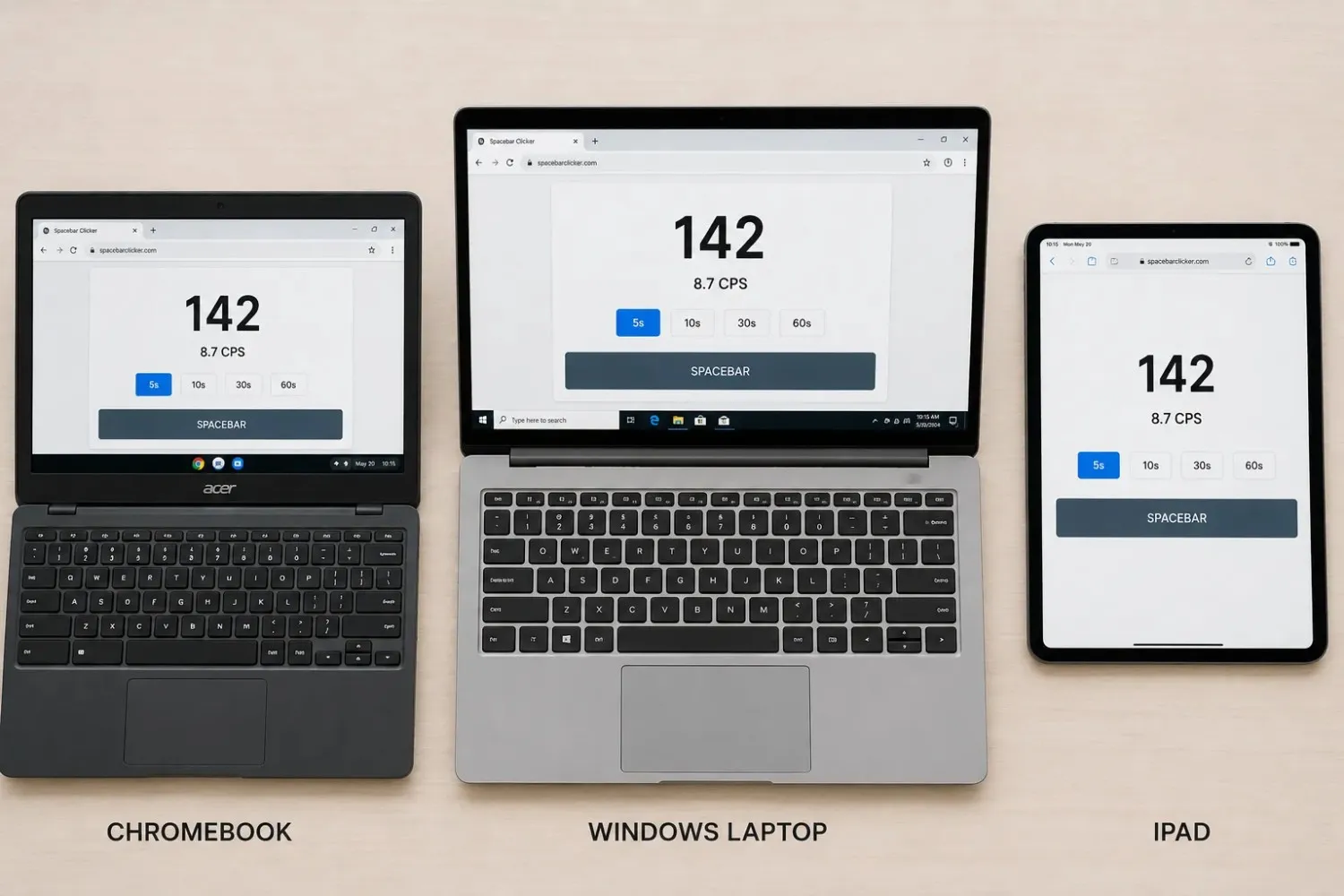 Spacebar clicker works on Chromebook, Windows laptop, and iPad, platform comparison