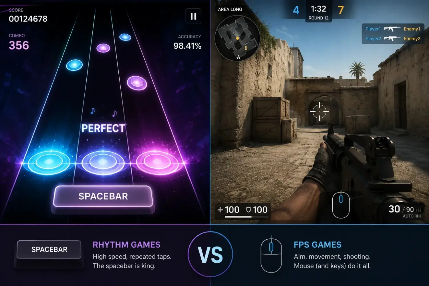 Spacebar vs mouse in gaming, rhythm games favour the spacebar, FPS games use both