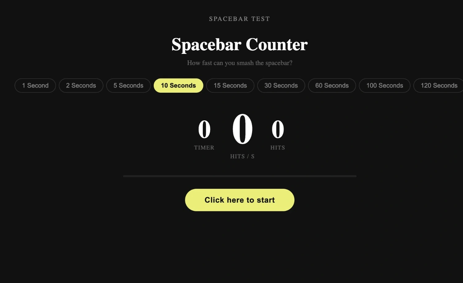 Spacebar clicker speed test interface showing CPS counter and timer modes