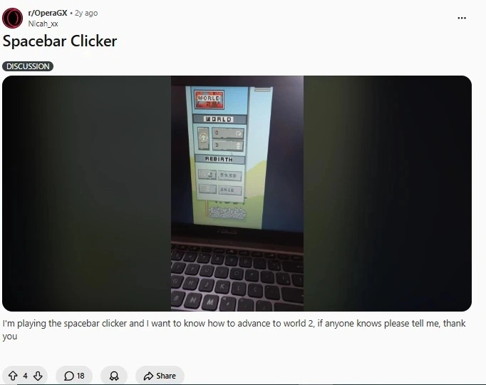 Spacebar Clicker players on Reddit discussing World 2